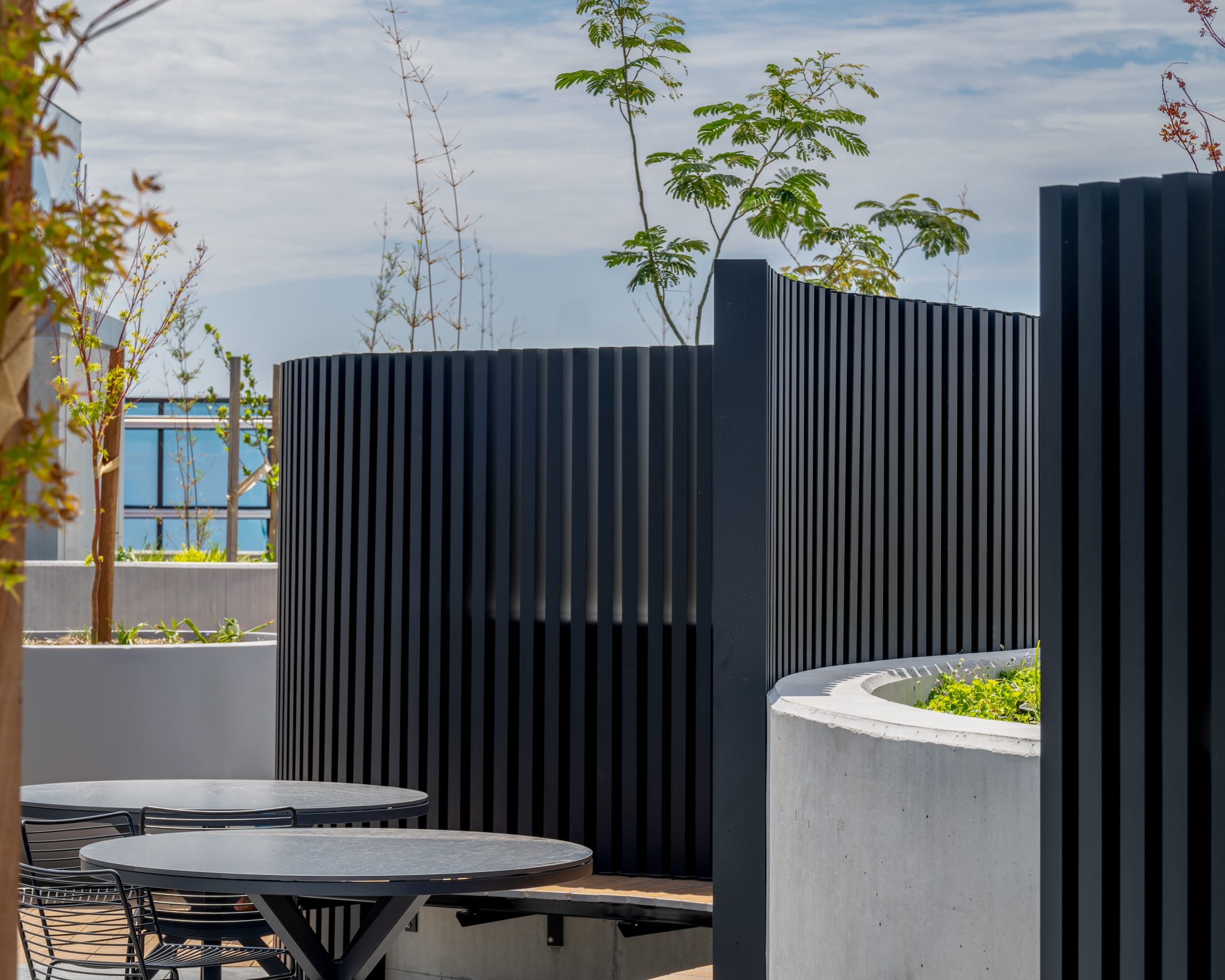 Black aluminium battens forming a curved courtyard screen